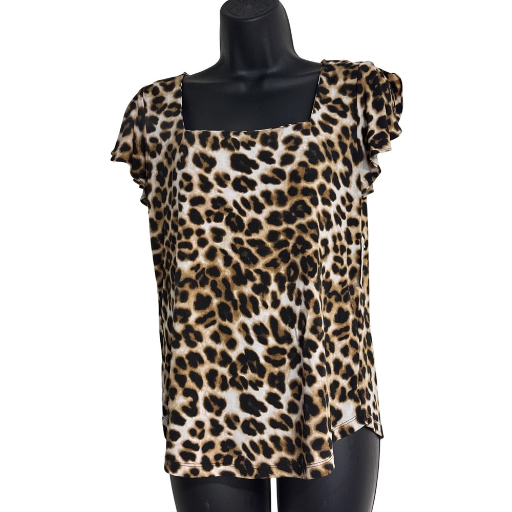 New York & Company 7th Avenue Leopard Print Square Neck Flutter Sleeve Blouse S